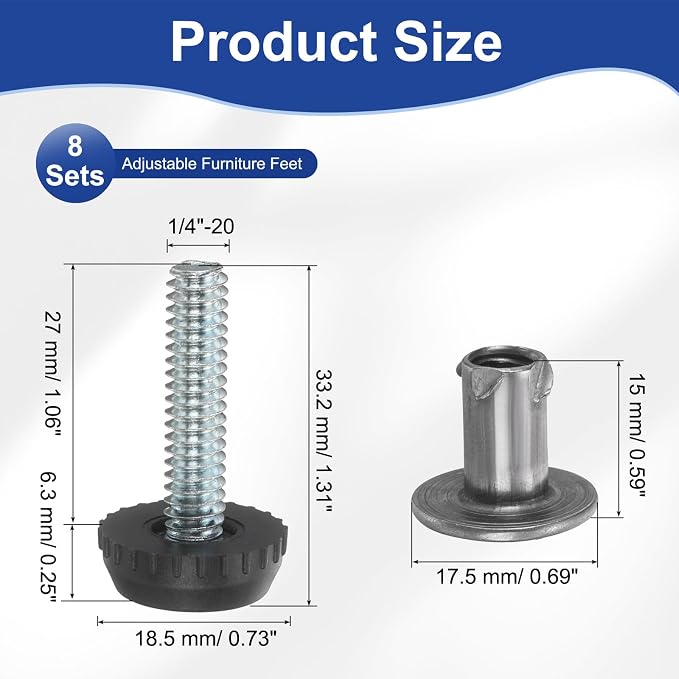 uxcell 1/4"-20 Thread Furniture Feet Levelers, 8Set 27mm L Adjustable Furniture - Image 2