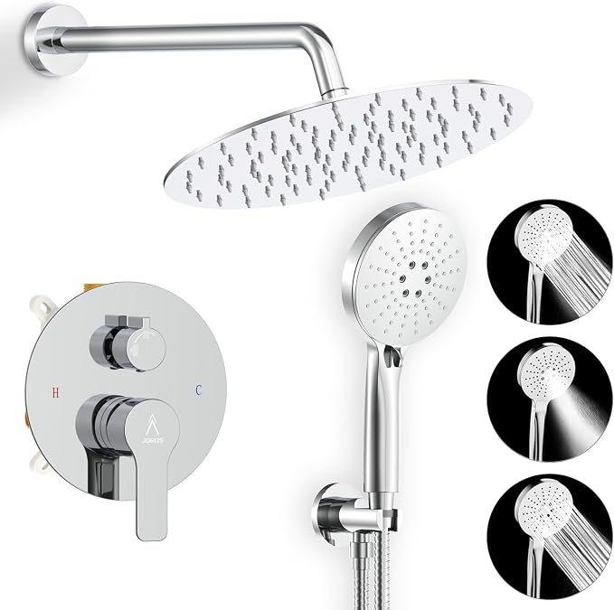 Shower Faucet Set 12IN Brass Rough-In Valve Body Trim Kit Rainfall Included by JQBQS