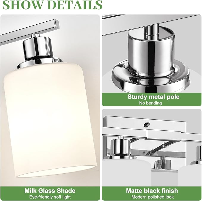 4-Light Vanity Light with Milky White Shades, Chrome Bathroom Lighting Fixtures - Image 2