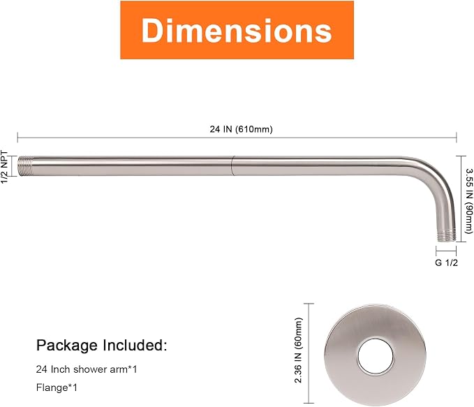 HarJue Shower Arm with Flange and Teflon Tape, Wall Mounted Shower Pipe 304 - Image 2
