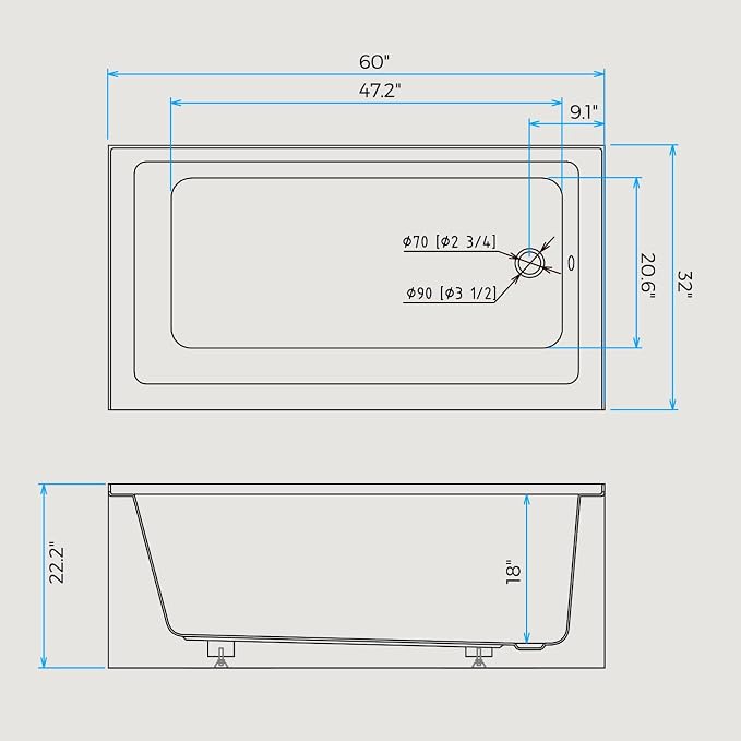 60x32 Inch Acrylic Drop-in Bathtub, Rectangular Soaking Tub - Image 4