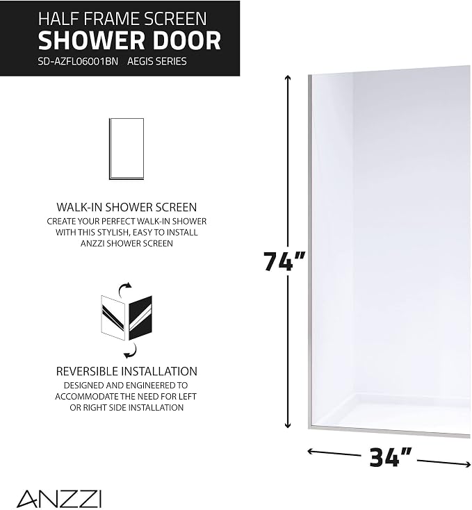 ANZZI 74 X 34 Inch Frameless Fixed Glass Shower Screen Shower Door in Brushed - Image 3