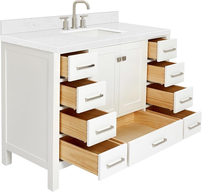 ARIEL Cambridge 48" White Bathroom Vanity, 1.5" Edge Carrara White Quartz - Image 7