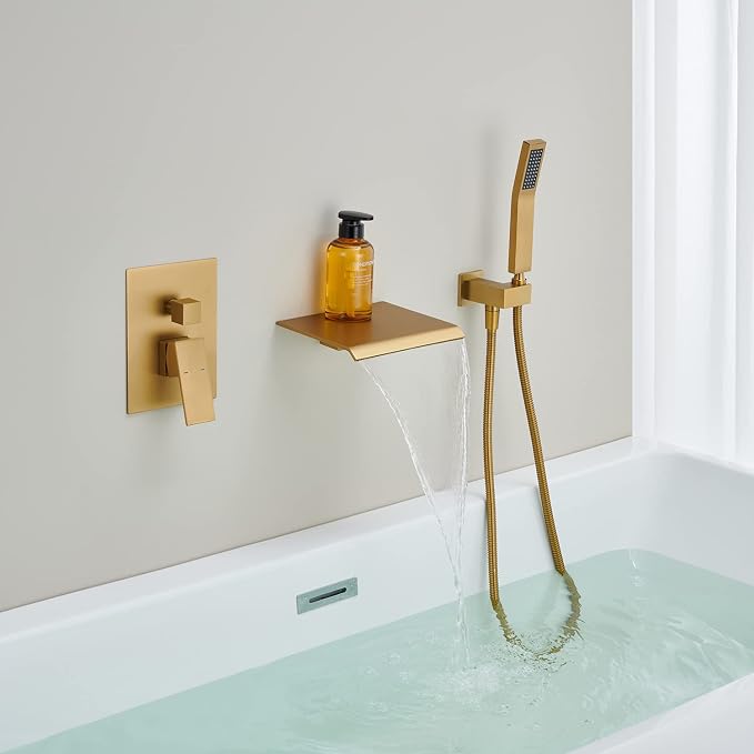 Wall Mount Tub Filler Waterfall Tub Faucet Brushed Gold Bathtub Faucet Brass - Image 3
