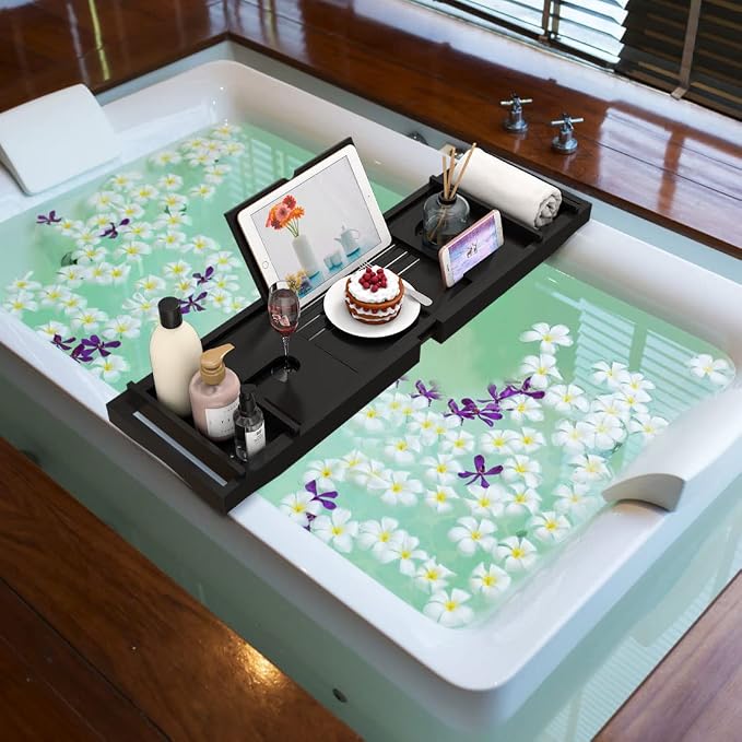 Bamboo Bathtub Tray for Luxury Bathroom, Expandable Premium Bath Tray w/Soap - Image 2