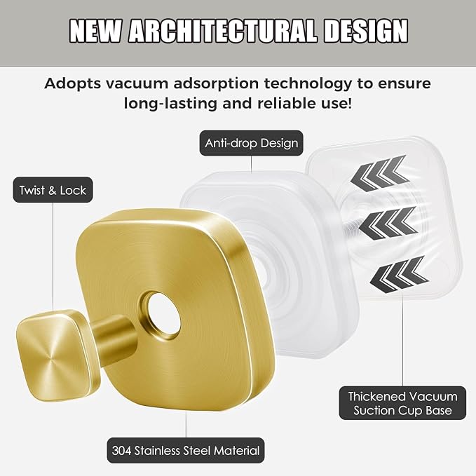 2Pcs Square Suction Cup Hook, 304 Stainless Steel Shower Hook, Removable - Image 6