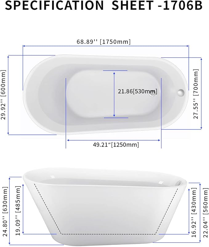 69" Acrylic Freestanding Bathtub, Single Slipper Free Standing Tub, Soaking Tub - Image 2