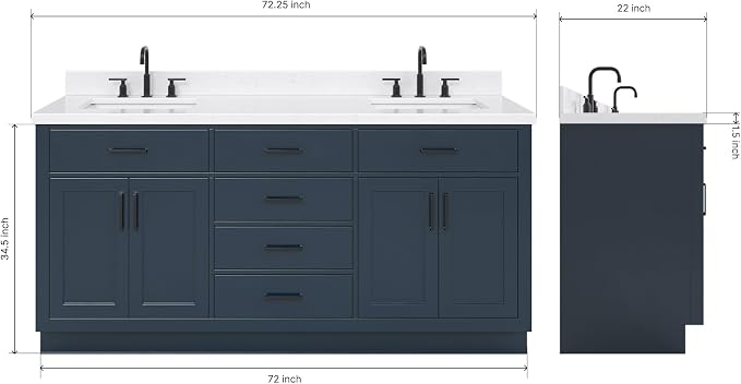 ARIEL Hepburn 72" Midnight Blue Double Vanity, 1.5" Edge Carrara Quartz - Image 2