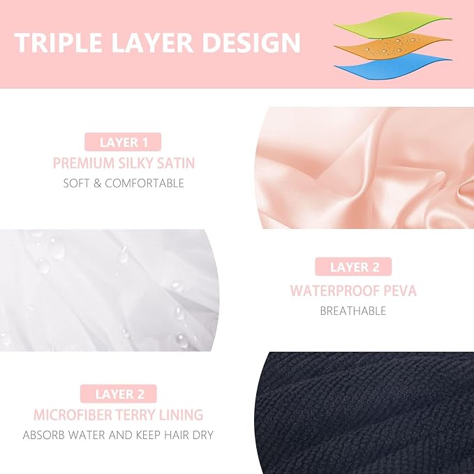 Aquior Shower Cap, Shower Cap for Women Reusable, Triple Layer Waterproof Bath - Image 3