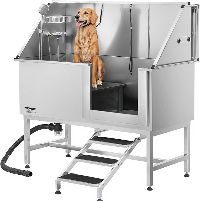 VEVOR Stainless Steel Dog Washing Station, 62 inch Pet Grooming Tub w/Stairs - Image 12