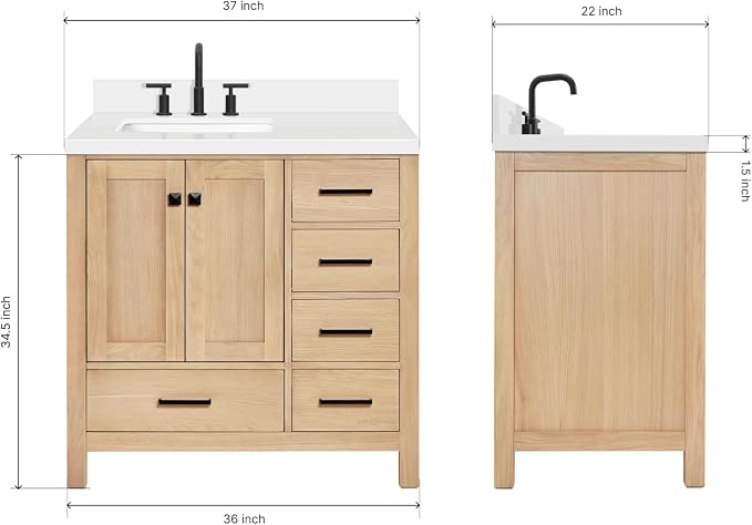 ARIEL Cambridge 37 Inch Oak Bathroom Vanity - Image 2