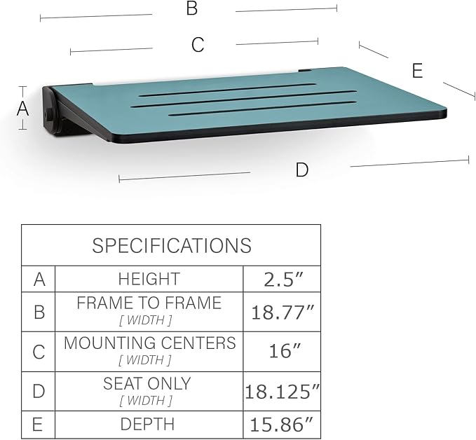 18 inch Silhouette Slimline Folding Wall Mount Shower Bench Seat, Teal Seat - Image 2