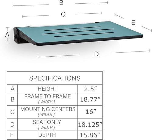 18 inch Silhouette Slimline Folding Wall Mount Shower Bench Seat, Teal Seat - Image 2