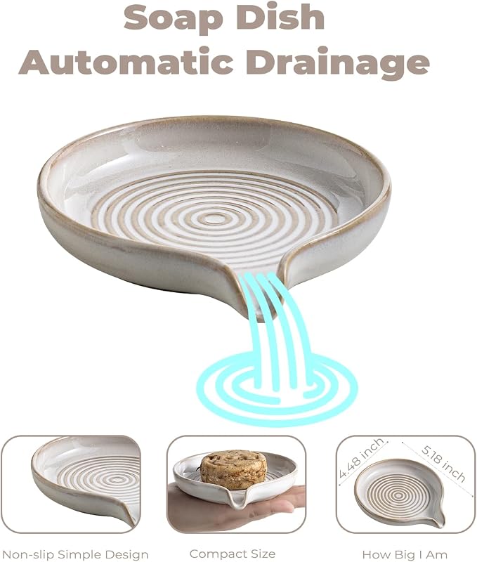 Soap Dish with Drain, Ceramic Soap Holder Self Draining Bar Soap Saver with - Image 2