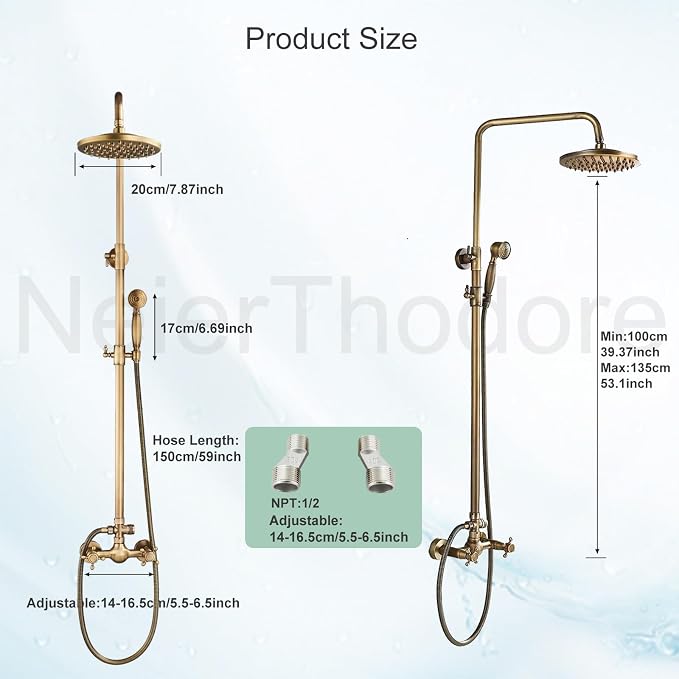 NeierThodore Antique Brass Bathroom Shower Faucet System Set 8 Inch Rainfall - Image 7