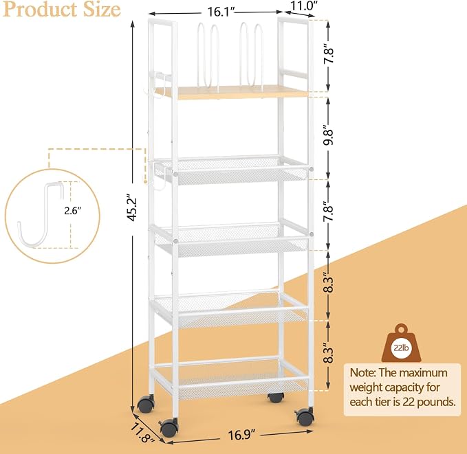 5-Tier Bathroom Storage Shelf, Mobile Metal Free Standing Shelving Unit - Image 2