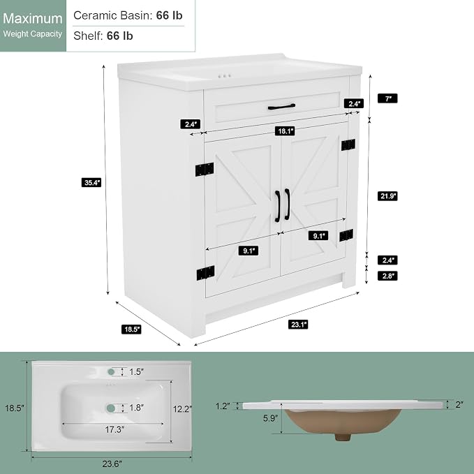 24 Inch Bathroom Vanity with Sink, Small Bathroom Sink Cabinet with 2 Barn Doors - Image 2