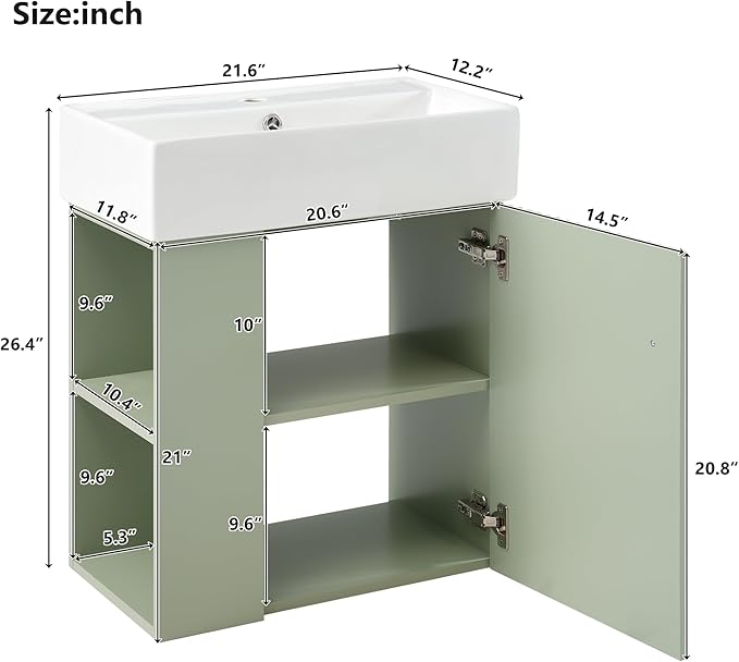 Merax 20" Green Bathroom Vanity, Wall Mounted Floating Vanity - Image 2