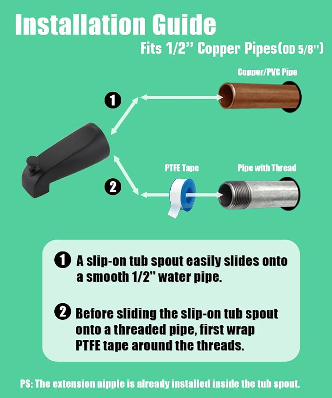 Tub Spout with Diverter, Slip On Bathtub Spout Fits 1/2'' Copper Tube, Bathroom - Image 7