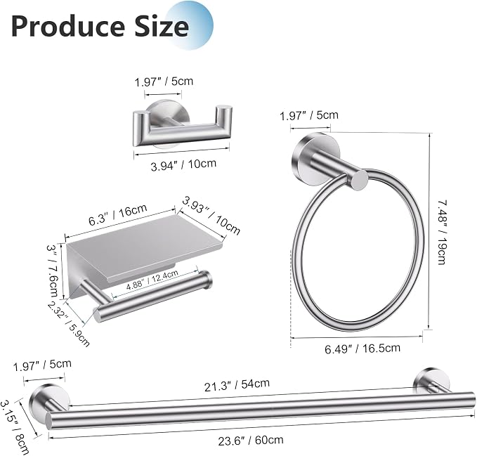 TNOMS Brushed Nickel 5 Pieces Towel Bar Set Bathroom Hardware Set Upgraded - Image 6