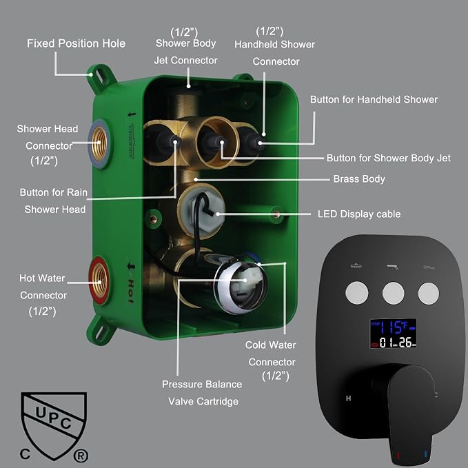 Shower Faucet Set Matte Black Shower System Temperature Display Diverter Shower - Image 6