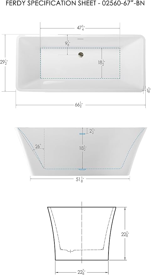 FerdY Sentosa 67" Acrylic Freestanding Bathtub, Contemporary Design Soaking Tub - Image 6