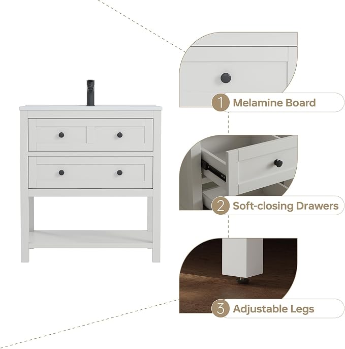30 Inch Bathroom Vanity with Sink, Modern Bathroom Single Sink Vanity, Bathroom - Image 3
