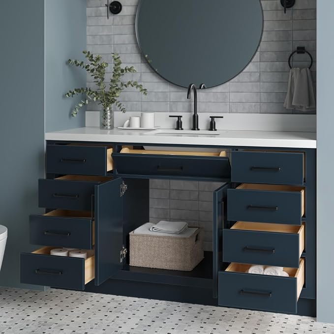 ARIEL Bathroom Vanity 61" Midnight Blue, 1.5" Edge Pure White Quartz Countertop - Image 4