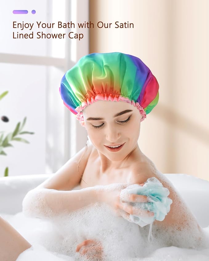 mikimini Shower Cap for Women Long Hair, 2 Pack, Double Layer Waterproof - Image 6