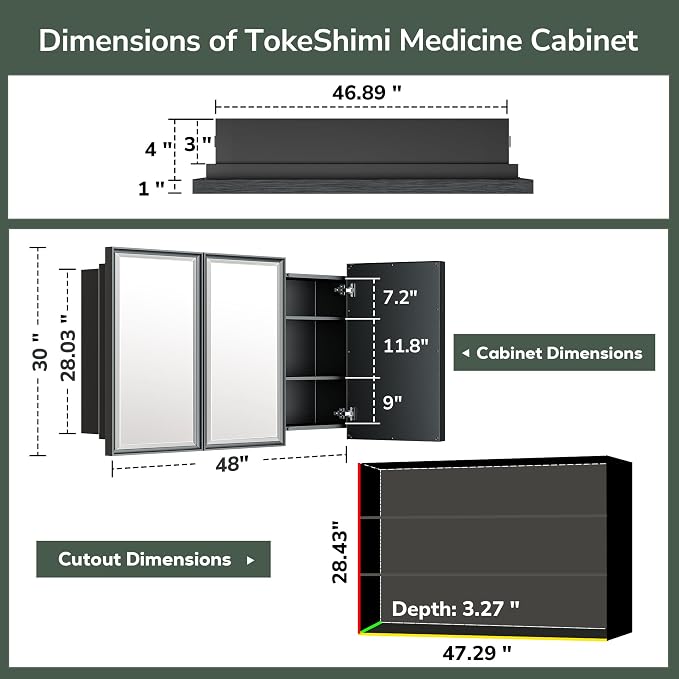 TokeShimi 48x30 Medicine Cabinet Mirror Bathroom Vanity Black Metal Framed - Image 2