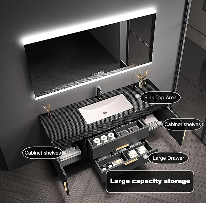 68" Bathroom Vanity with Single Sink, Floating Bathroom Vanities with LED Smart - Image 3
