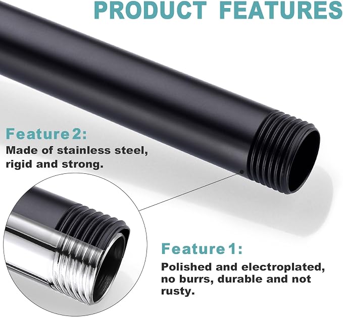 BESTILL 12 Inch Ceiling Mount Rain Shower Head Arm and Flange, Matte Black - Image 4