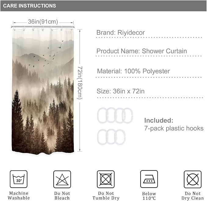 Riyidecor Foggy Mountain Small Stall Shower Curtain 36Wx72H Inch Nature Scenery - Image 4