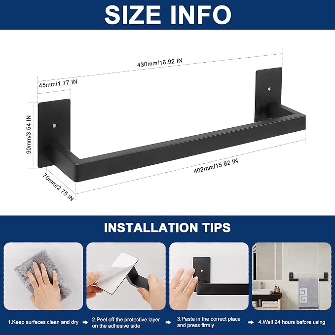 NearMoon Self Adhesive Bathroom Towel Bar, Stainless Steel Square Bath Wall - Image 2