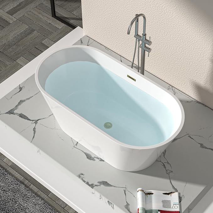 Logmey 59 In White Acrylic Freestanding Bathtub Oval Shape Soaking Tub - Image 3