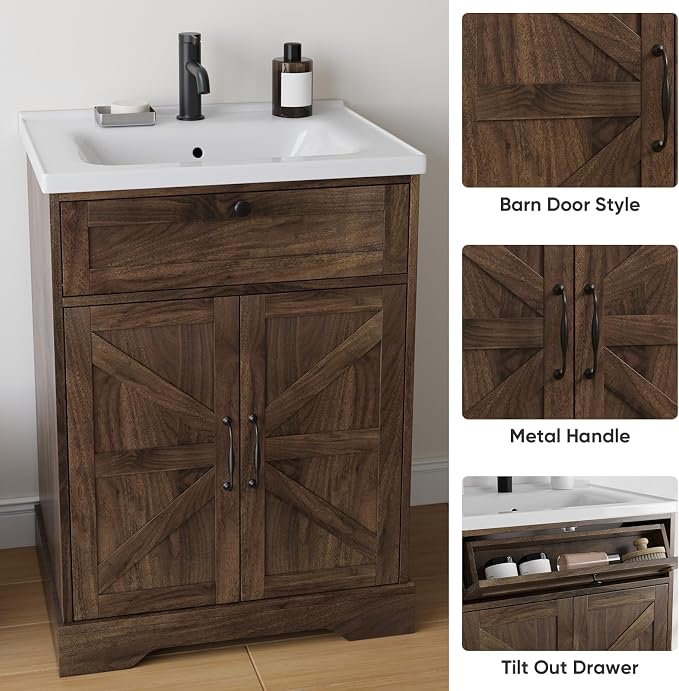 23.62" Bathroom Vanity with Ceramic Sink, Farmhouse Bathroom Vanity Cabinet - Image 3