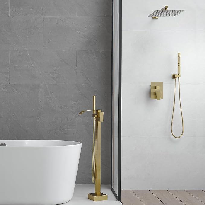 RUMOSE Tub Filler Freestanding Bathtub Faucet Brushed Gold Floor Mount Tub - Image 6