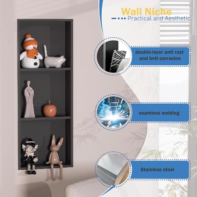 Black Stainless Steel Shower Niche 36" X 12" ，Recessed Shower Shelf - Image 3
