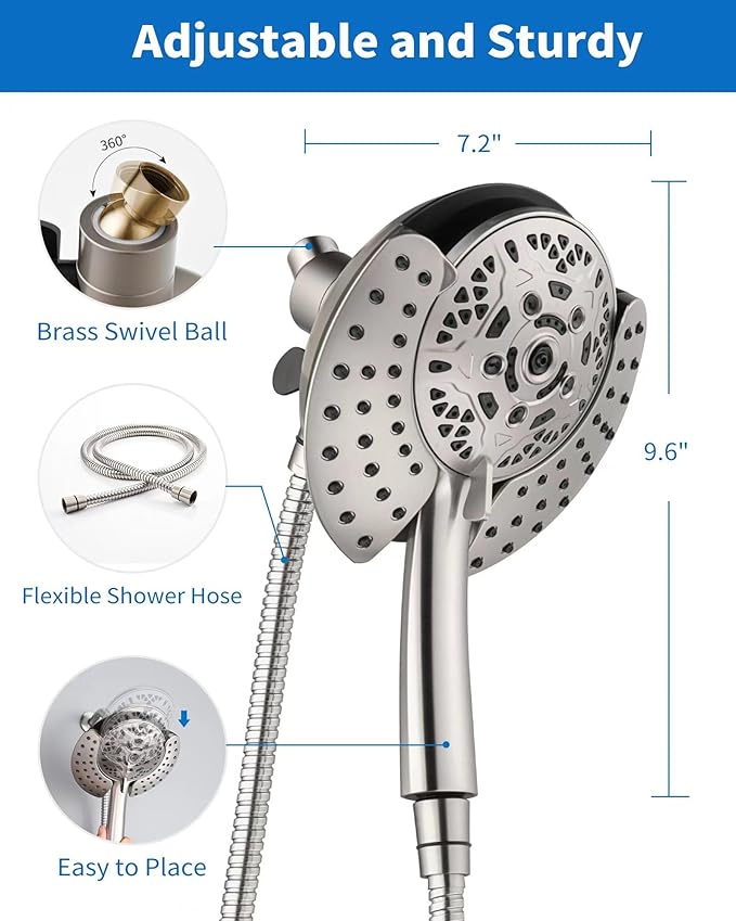 2.5GPM Shower Heads with Handheld Spray Combo: 7.2" Rainfall Shower Head & Hand - Image 6