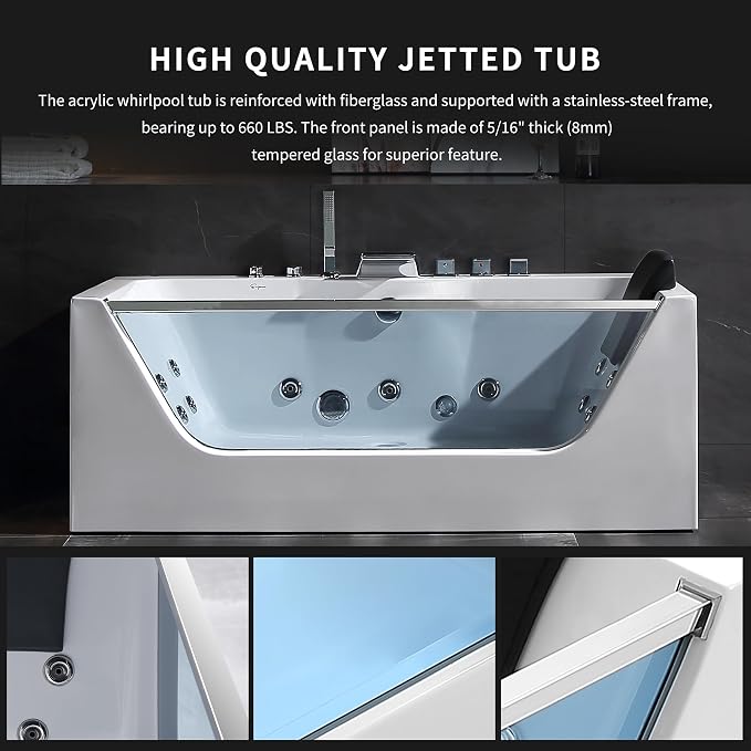 Empava 59 in. Acrylic Alcove Whirlpool Bathtub - Image 8