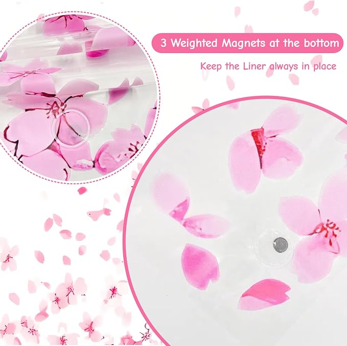 Clear Pink Floral Shower Curtain Liner, Cute Plastic Transparent Cherry Blossom - Image 6