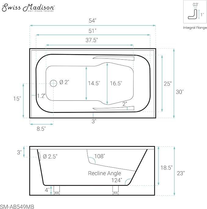 Voltaire 54 in. x 30 in. Acrylic Matte Black, Left-Hand Drain, Apron Bathtub - Image 7