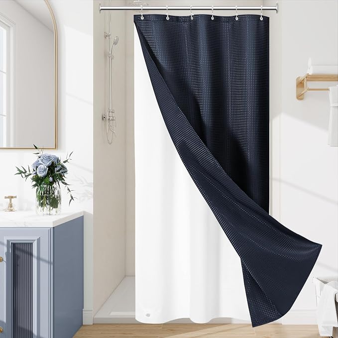 3 in 1 Stall Half Size Navy Blue Shower Curtain Set-36 W x 72 H, Modern Waffle by Unknown
