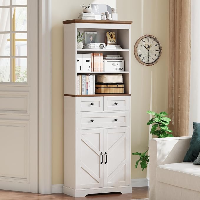 Vabches Farmhouse Bathroom Cabinet, Adjustable Shelves & Doors, 3 Tier Wood - Image 3