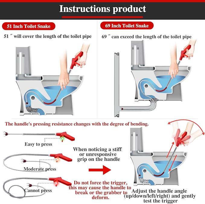 69" Toilet Auger Grabber Tool, Flexible Grabber Unclogging Tool, Four Jaw Pickup - Image 4