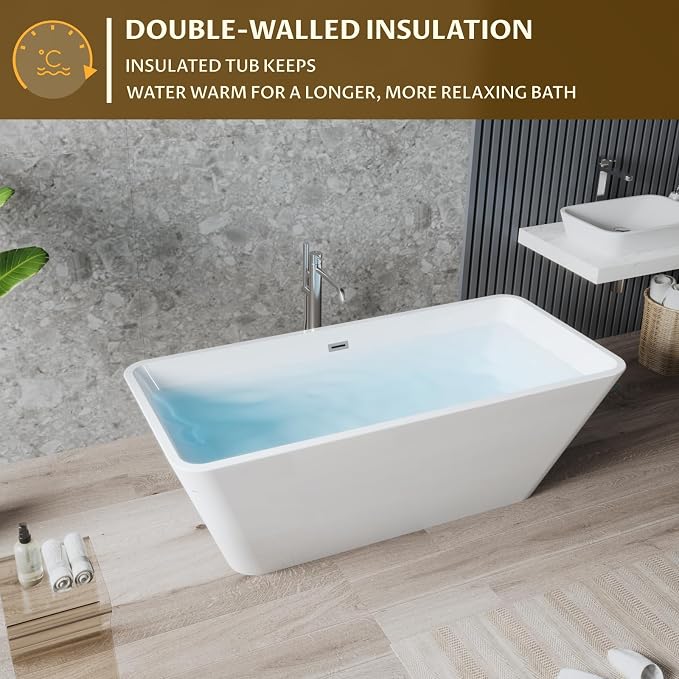 59" Acrylic Freestanding Soaking Bathtub, Matte Drain & Black Overflow - Image 3