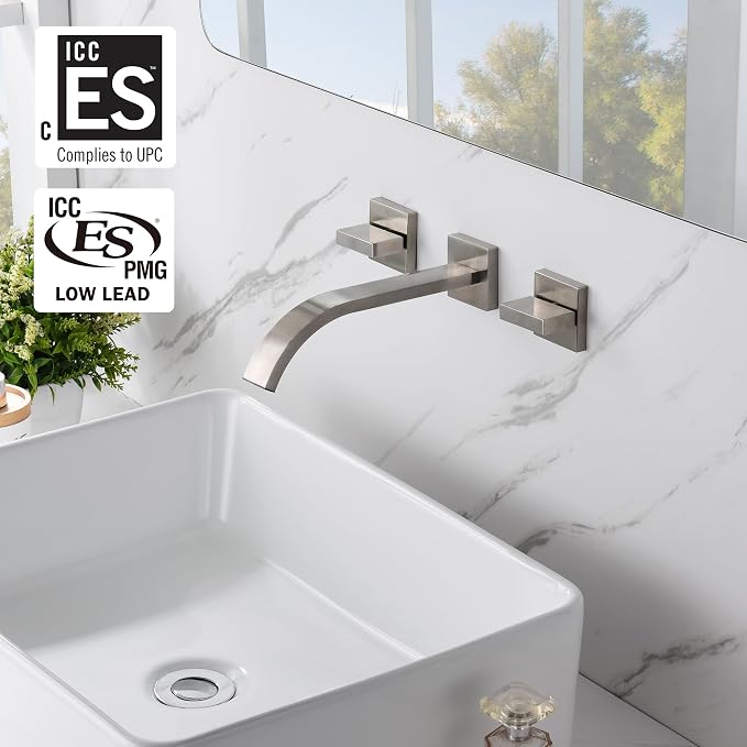 sumerain Brushed Nickel Bathroom Faucet Wall Mount Lavatory Faucet - Image 2