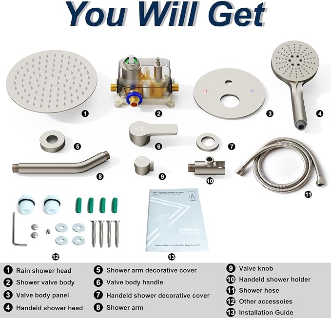 Shower Faucet Set 10IN Brass Rough-In Valve Body Trim Kit Rainfall Included - Image 7