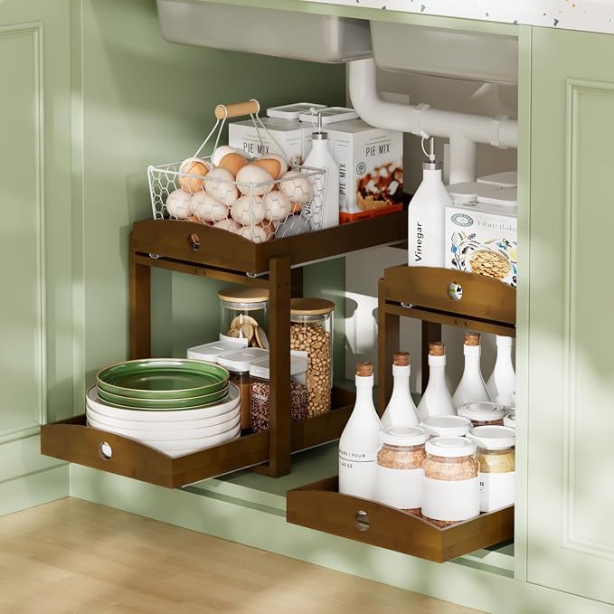 Bamboo Wood Under Sink Organizer 1 Pack, Pull Out Cabinet Organizer 2 Tier - Image 2