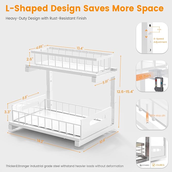 2 Pack Under Sink Organizer, Heavy Duty Metal Slide Out Sink Shelf Organizer - Image 6